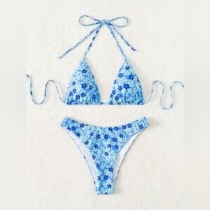 Floral Blue Triangle Bikini Set - Women’s Size Large
